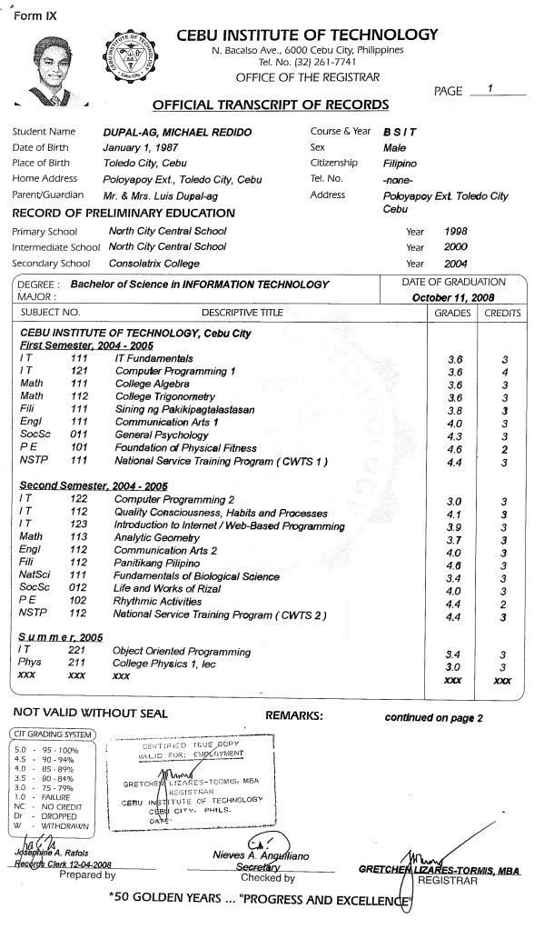 Curriculum Vitae of Michael R. Dupal-ag: Transcript of Records